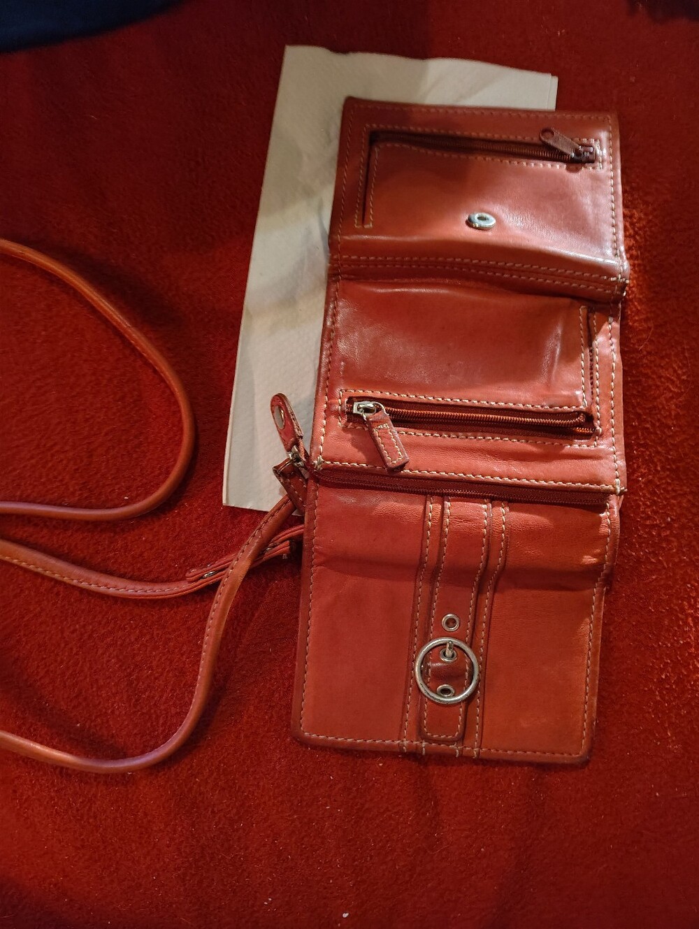 Compact Red Leather Crossbody Wallet with Ring Accent
